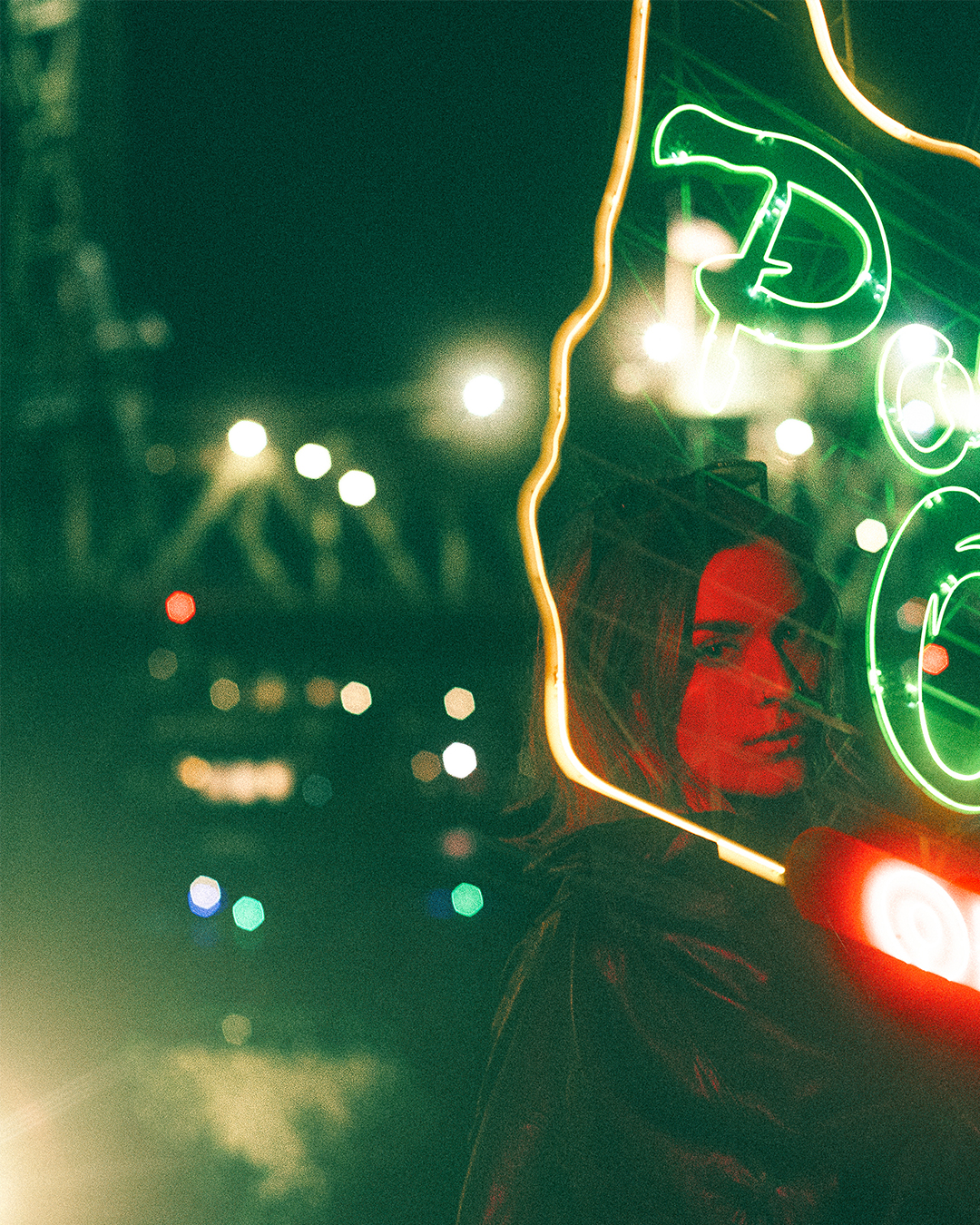 Cinematic Night Portraits in Portland: Red Light, Neon, and Double Exposures — photograph 1 of 20